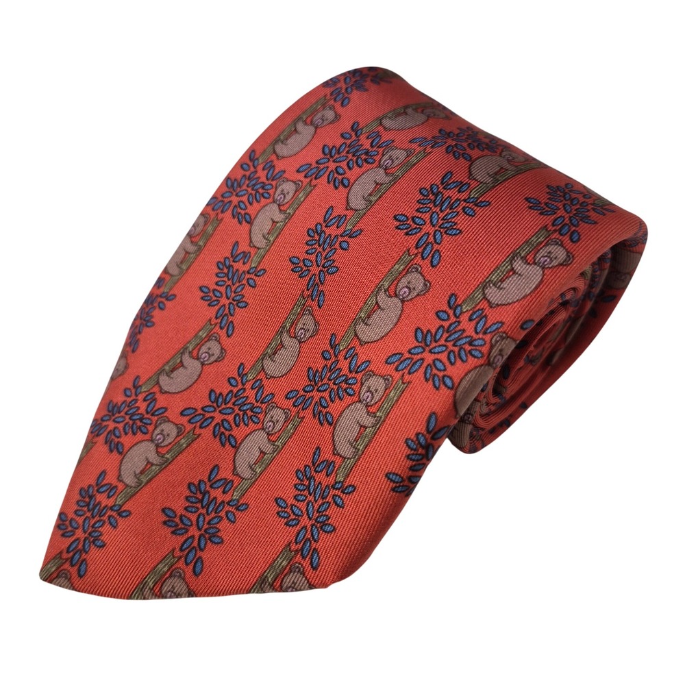 Hermes Silk Tie Mens Red Koala Bear Animal Print Necktie France 7282MA Vtg 80s